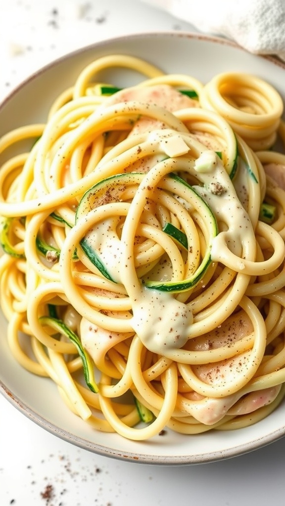 A bowl of zucchini noodles with creamy Alfredo sauce and sprinkled pepper.