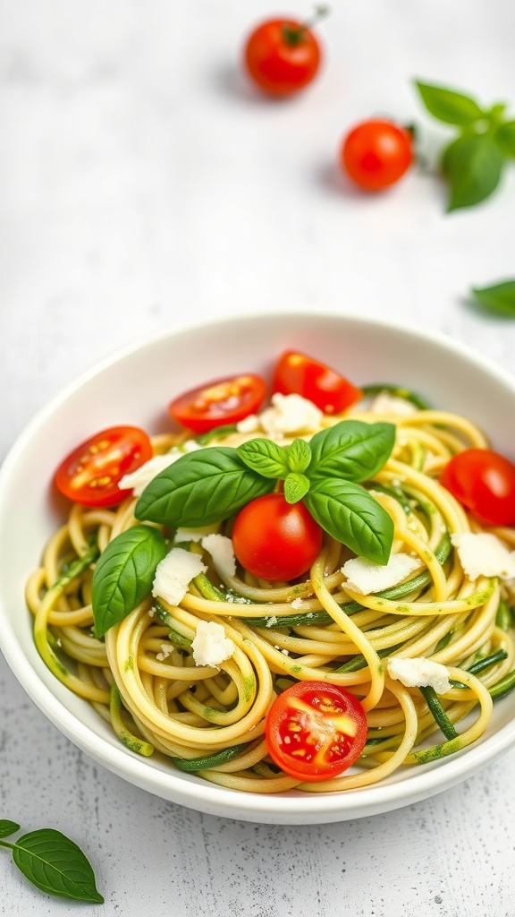 A bowl of zucchini noodles topped with cherry tomatoes and fresh basil.