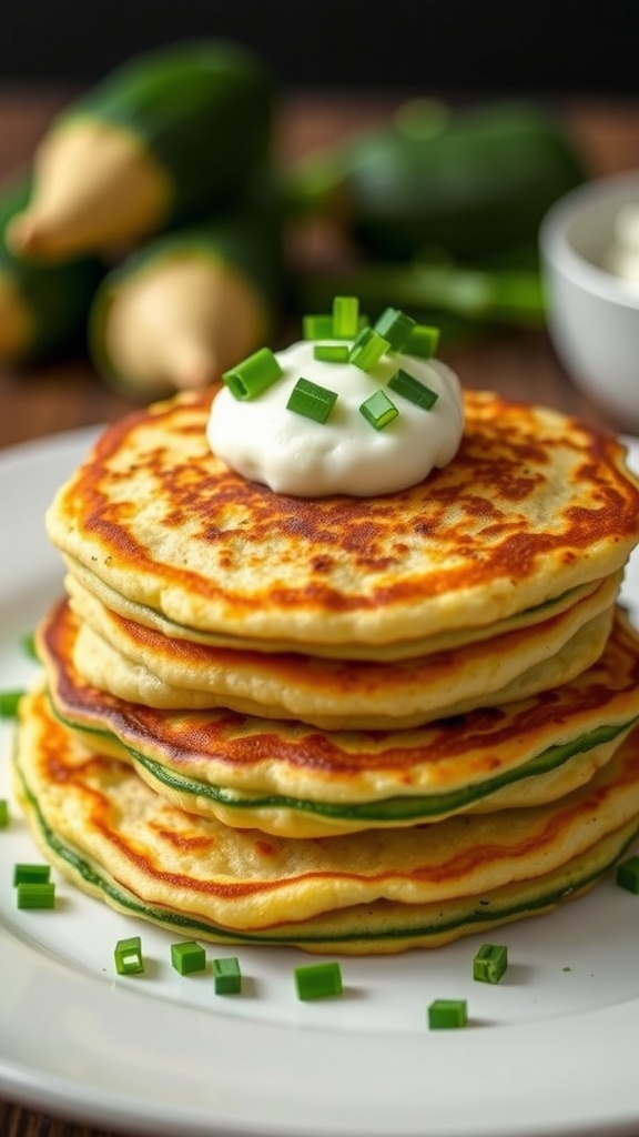 A stack of zucchini pancakes topped with sour cream and chives, served on a white plate.
