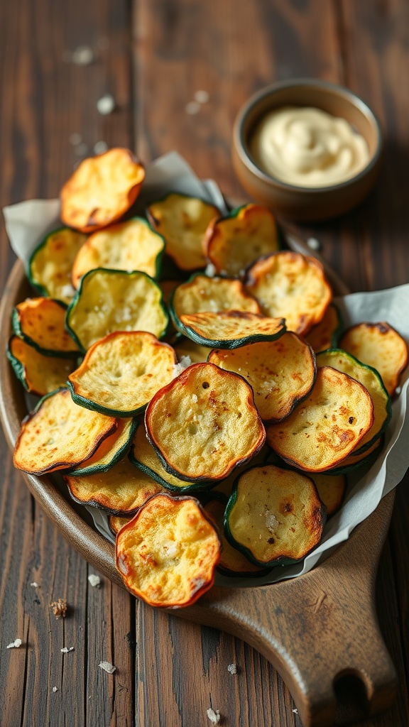 A plate of crispy zucchini parmesan chips served with a dip