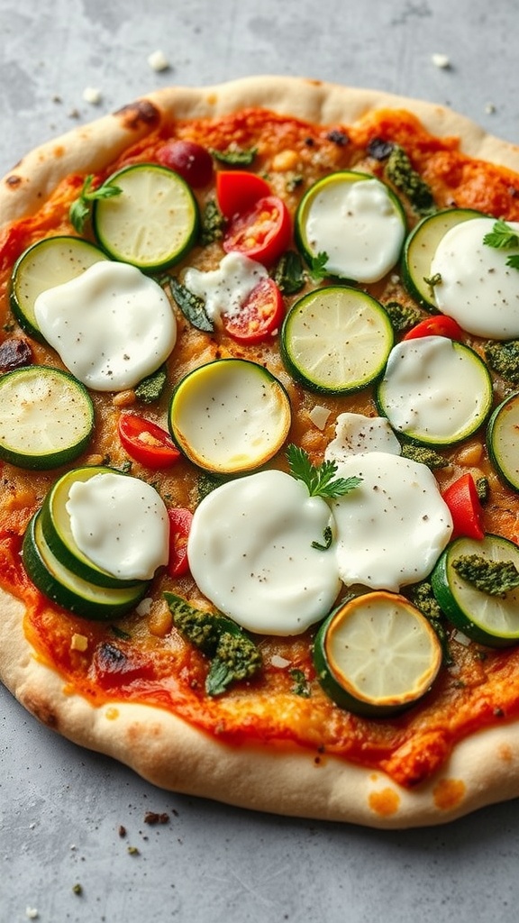 A delicious zucchini pesto pizza topped with fresh mozzarella and colorful vegetables.