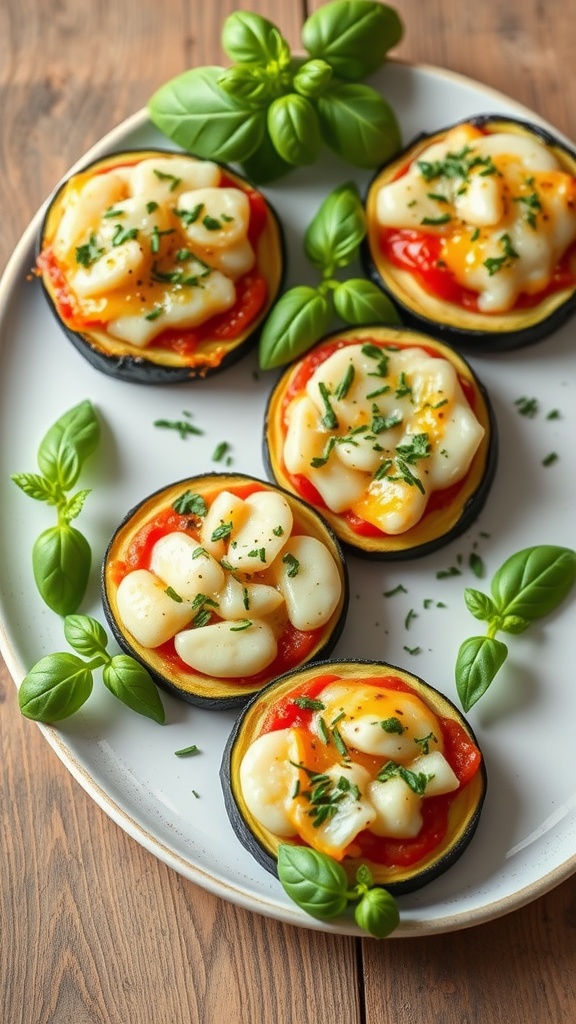 A plate of zucchini pizza bites topped with cheese and herbs.