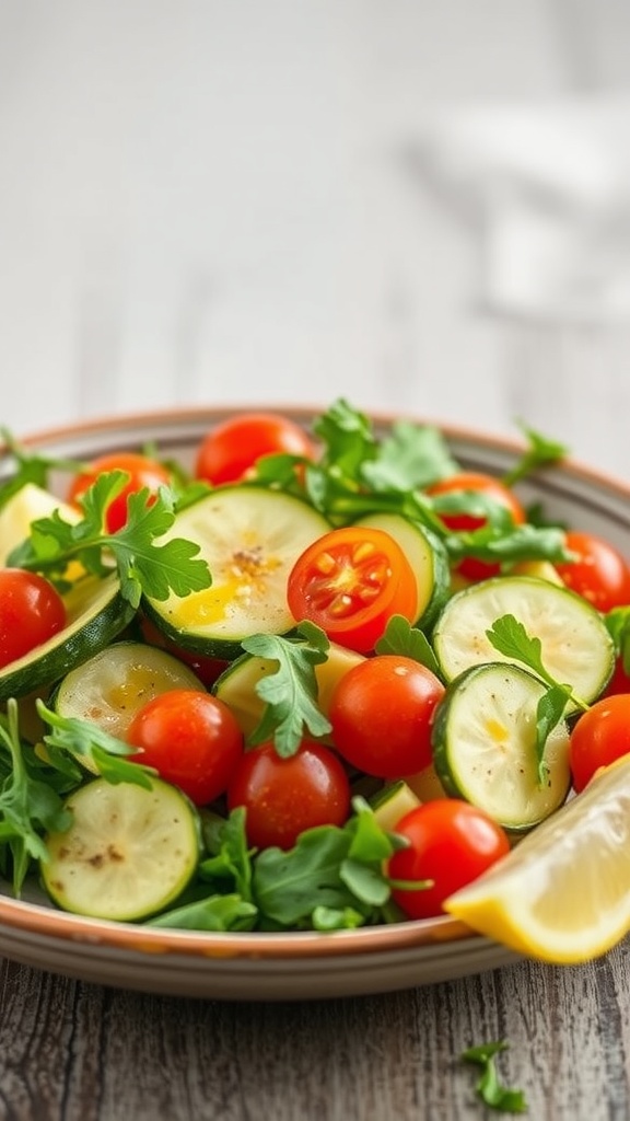 A fresh zucchini salad with cherry tomatoes and arugula topped with lemon vinaigrette.