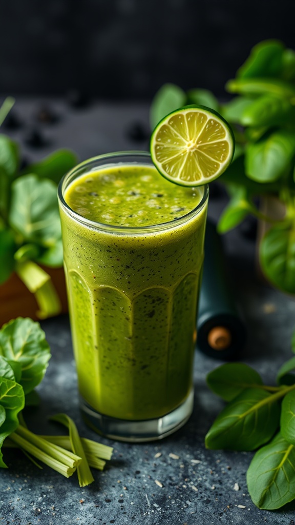 A refreshing green zucchini smoothie with spinach, garnished with a slice of lime.