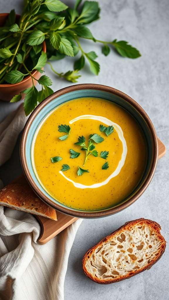 A bowl of creamy zucchini soup garnished with herbs, served with a slice of bread.