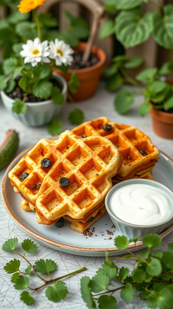 Delicious zucchini waffles served with yogurt and garnished with herbs.