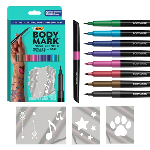 BodyMark Temporary Tattoo Markers, 8-Count Color Collection, Skin-Safe & Cosmetic Quality, Cruelty-Free, Long-Lasting, Flexible Brush Tip, Stencils Included