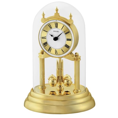 SEIKO 9 Inch Anniversary Mantel Clock with Glass Dome & Rotating Pendulum