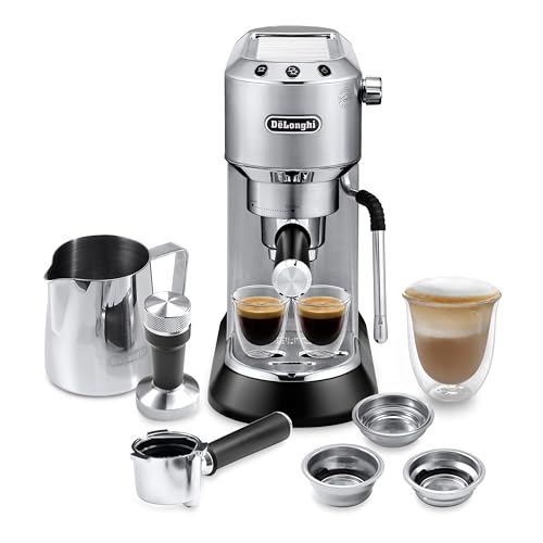 De'Longhi Dedica Arte Espresso Machine with Manual Milk Frother for Espresso, Capuccino, Latte, 35 Ounce Water Tank, Silver, EC885M