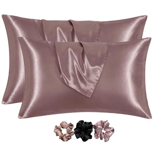 Go well Solid Satin Silk Pillow Covers Pack of 2 for Hair & Skin-with Satin Scrunchies for Women Stylish|scrunchies for Women 3-Piece|Silk Pillow case(Rose taupe)600TC