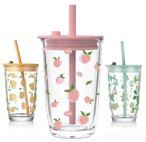 KiKiluxxa Coffee Can Glass Sipper Tumbler with Lid Straw - 400ml-Pack of 1- Green Tea Fruit Juice Milk Glass Cup Mug with Lid and Straw - MultiClour - Green/Yellow/Pink (Newlozx 1)