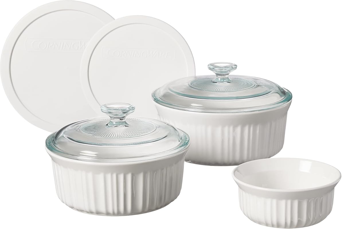 CorningWare French White 7-Piece Ceramic Bakeware Set with Lids, Chip 