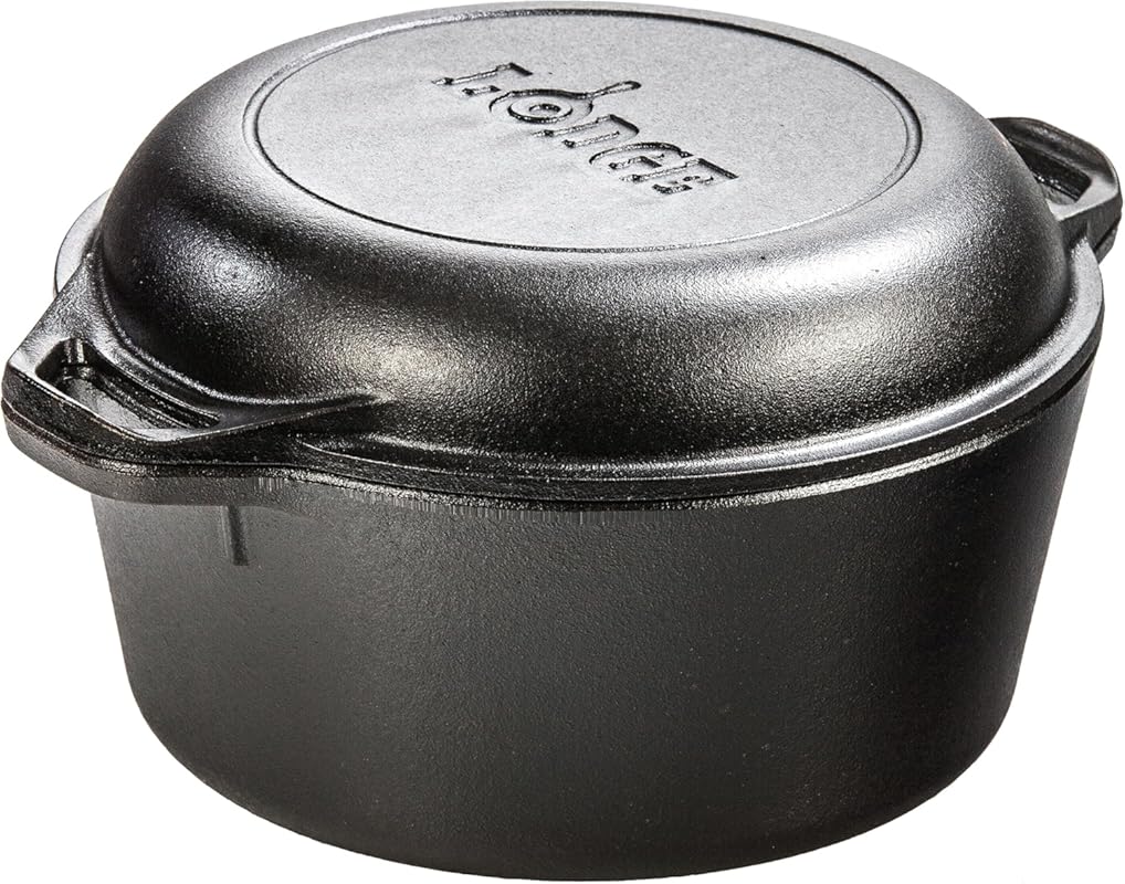 Lodge 5 Quart Pre-Seasoned Cast Iron Double Dutch Oven with Skillet Li