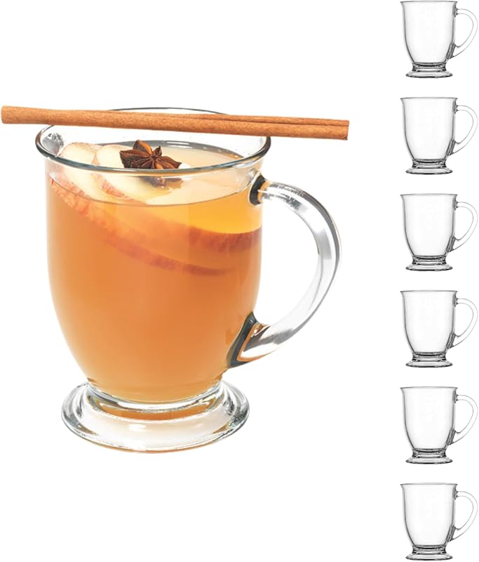 Anchor Hocking Café Glass Coffee Mugs, Set of 6, 16 oz Clear Cups for 