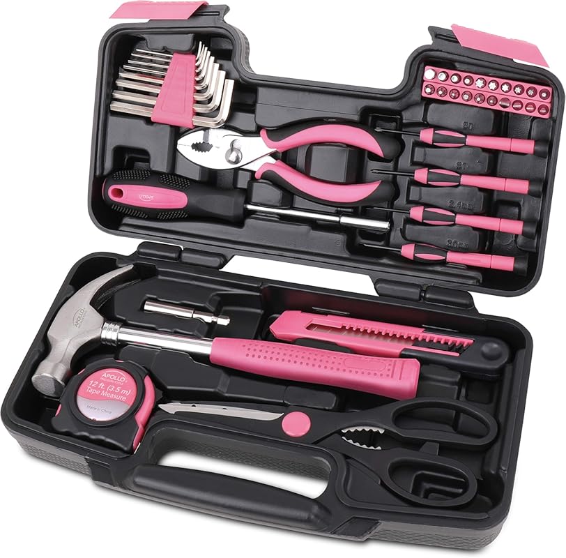 Apollo Tools Original 39-Piece Household Tool Set in Pink Toolbox for