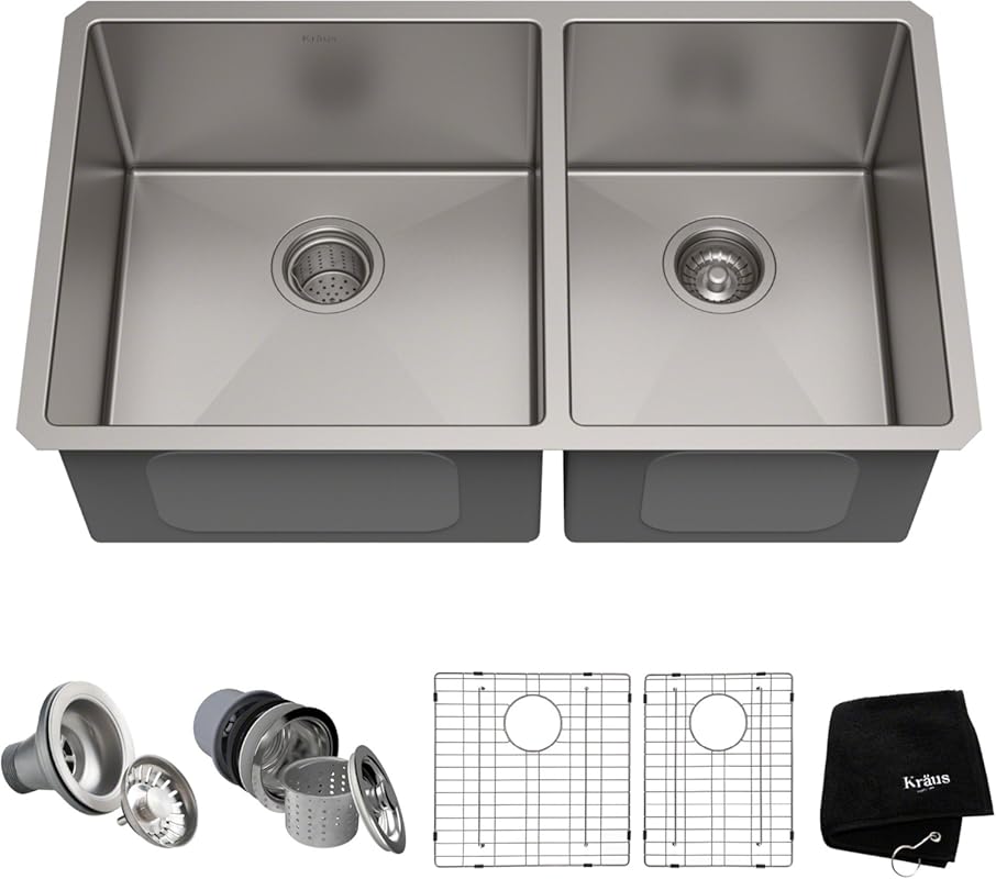 Kraus 33-Inch Undermount 60/40 Double Bowl Kitchen Sink, Premium 16 Ga