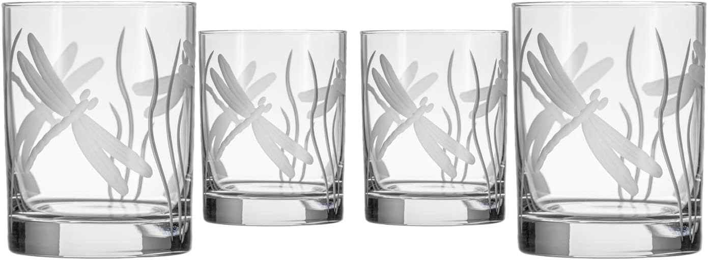 Rolf Glass Dragonfly Etched Double Old Fashioned Whiskey Glasses Set o