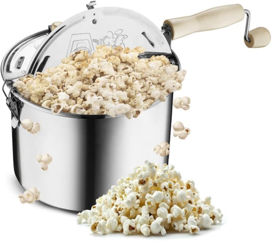 Great Northern Popcorn Stovetop Popper, 6.5-Quart Stainless Steel, Han
