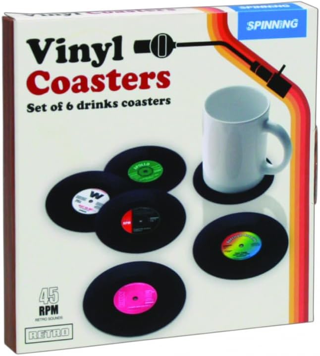 Retro Vinyl Record Coaster Set 6-Pack, Fun Drink Mats for Music Lovers