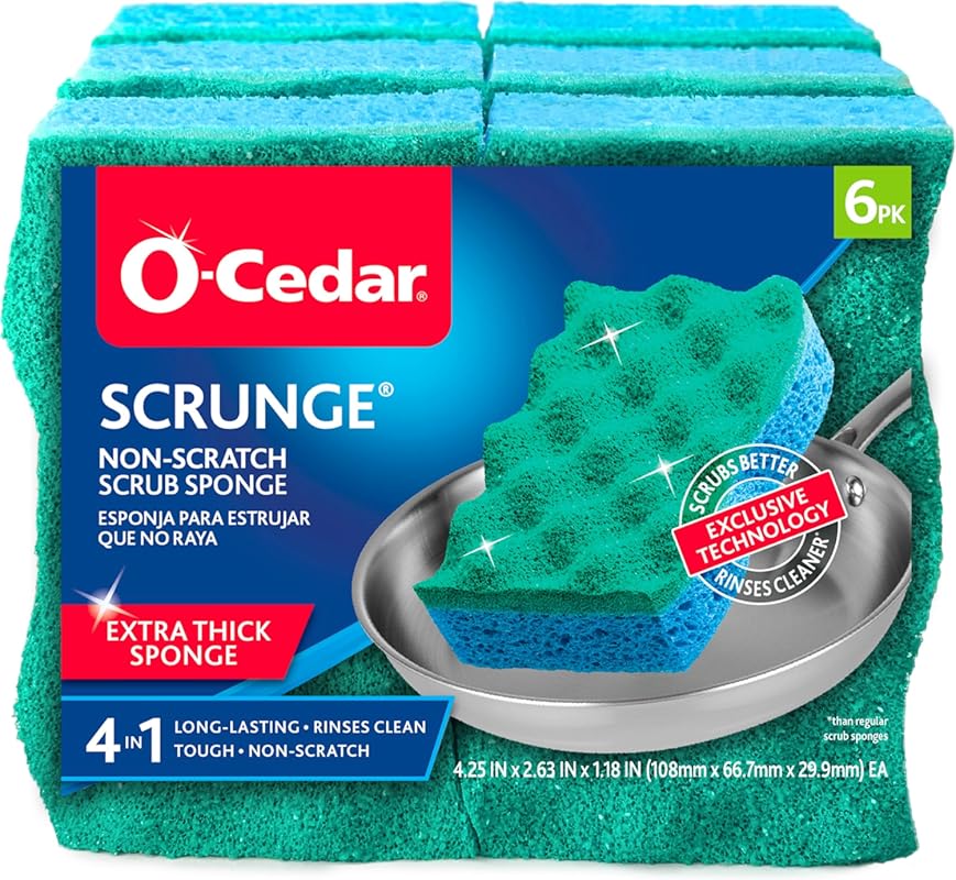 O-Cedar Scrunge Non-Scratch Scrub Sponges, 6 Pack Multi-Use Odor-Resis