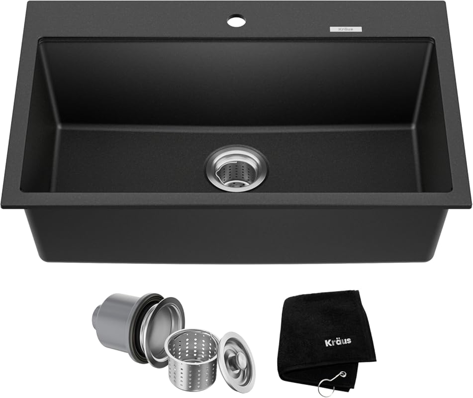 KRAUS Quarza 31-inch Black Onyx Granite Single Bowl Kitchen Sink, Drop