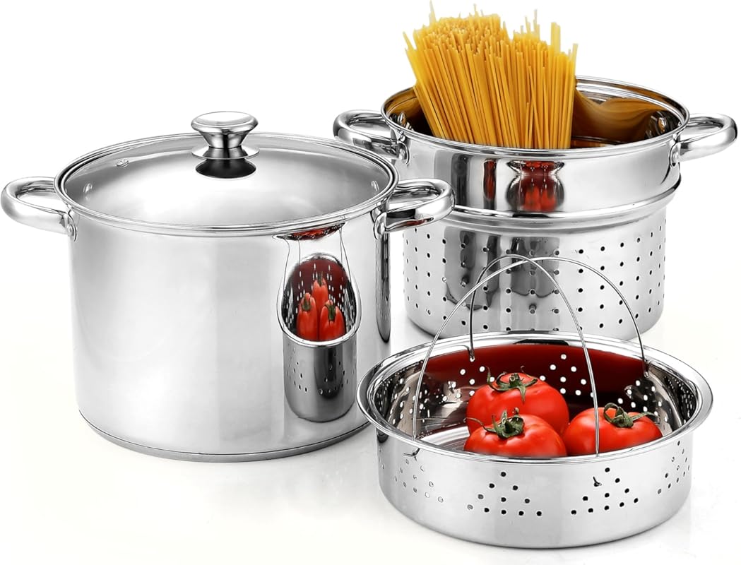 4 Piece Stainless Steel Pasta Cooker Steamer Multi-Pot for Cooking Pas