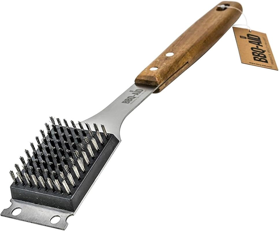 BBQ-Aid Grill Brush & Scraper, Large Wooden Handle with Replaceable St