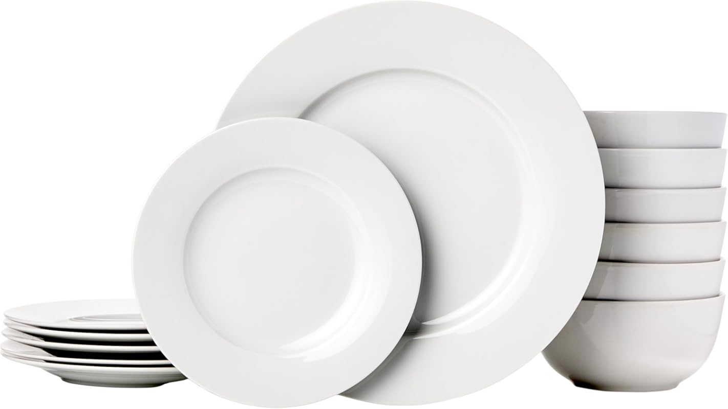 Amazon Basics 18-Piece Dinnerware Set for 6, White Plates & Bowls, Mic