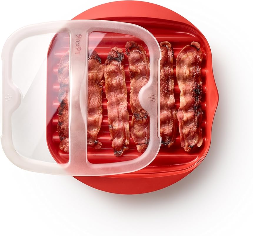 Lékué Microwave Bacon Cooker & Lid, Red, Fast Crispy Grill Tray, Fat D
