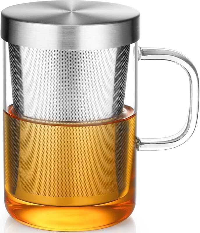 ecooe Borosilicate Glass Tea Mug with Stainless Infuser & Lid, 16.9 oz