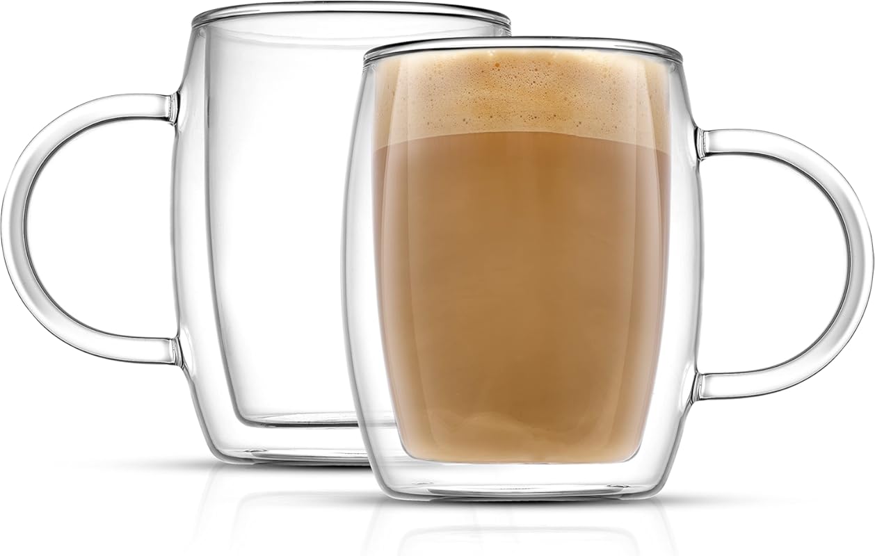 JoyJolt 13.5oz Double Walled Insulated Clear Glass Coffee Mugs, Set of