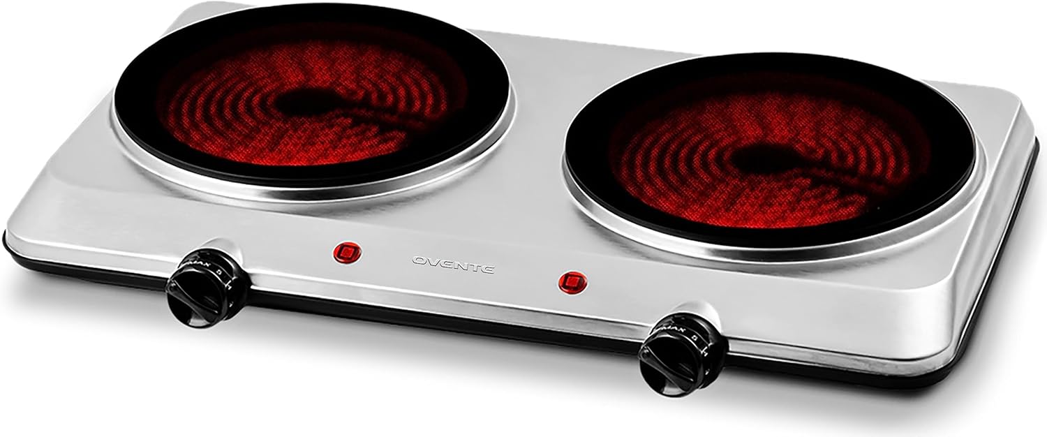 OVENTE Countertop Infrared Double Burner, 1500W Electric Hot Plate, 7.