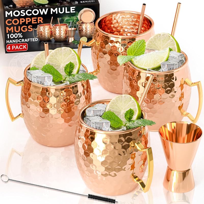 Benicci Moscow Mule Copper Mugs, Set of 4, 16oz, Handcrafted Pure Soli