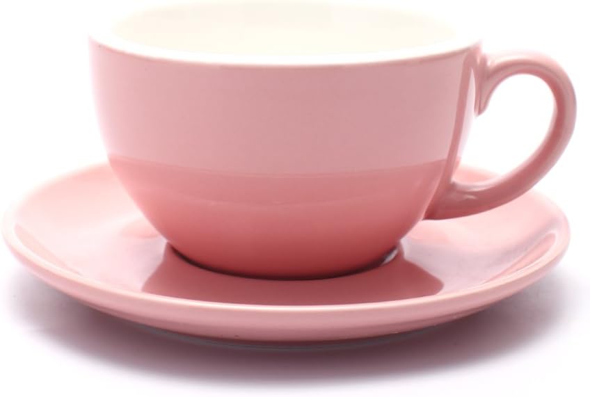 New Bone China Latte Art Cup and Saucer, 10.5 oz Glossy Pink for Cappu