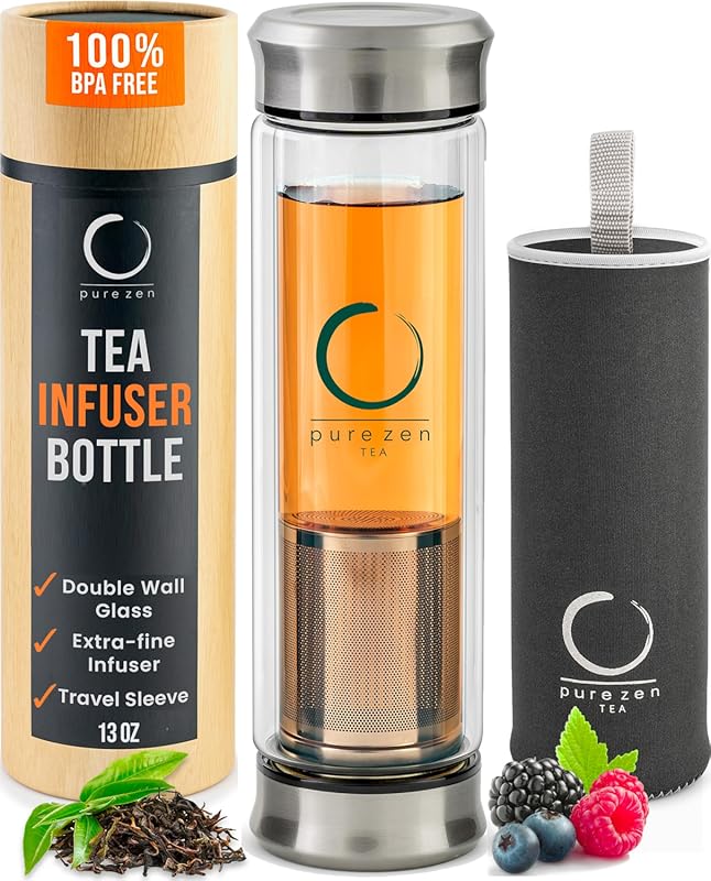 Pure Zen Tea Tumbler with Infuser, 13oz Double Wall Glass Travel Mug,