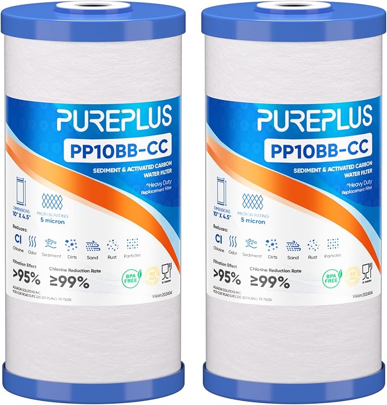 PUREPLUS 5 Micron 10x4.5 Whole House Sediment and Carbon Water Filter 