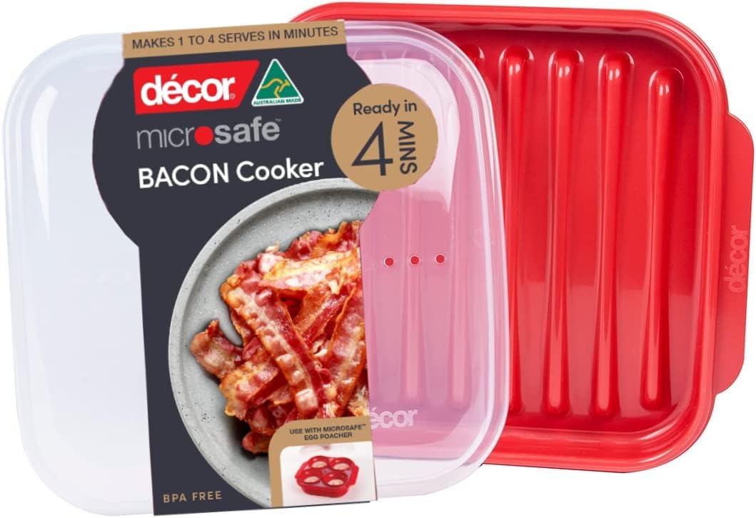 Décor Microsafe Oil-Free Microwave Bacon Cooker, Red, for Healthier Cr
