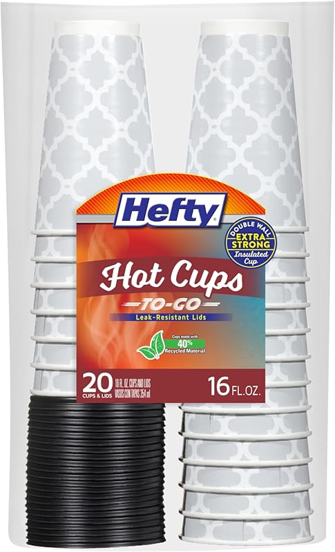 Hefty 16 oz Paper Disposable Hot Cups with Lids - 20 Count for Coffee 