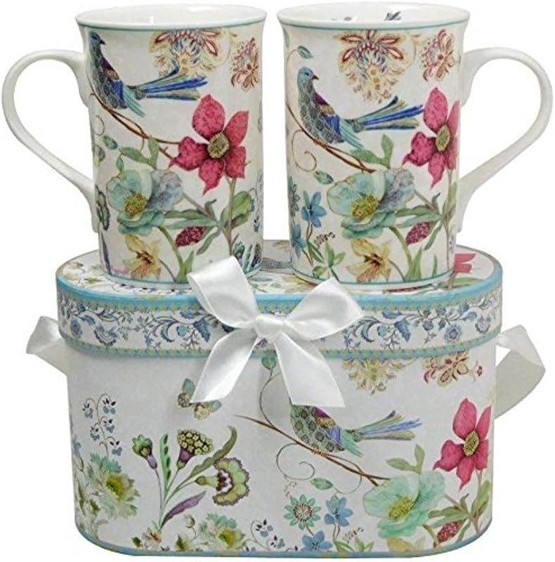 Lightahead Elegant Bone China Coffee Mugs, 11.2 oz Set of 2, Blue Bird