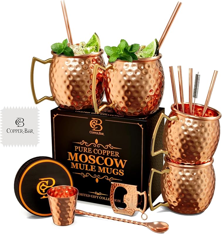 Unique Handcrafted Pure Copper Moscow Mule Mugs – Set of 4, 16oz Hamme