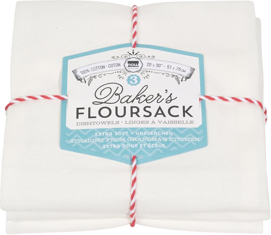 Now Designs Bakers Floursacks – Set of 3 Unbleached White Cotton Tea T