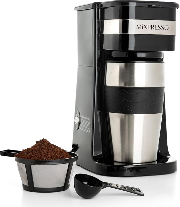 Mixpresso Personal Single Serve Drip Coffee Maker with 14oz Travel Mug