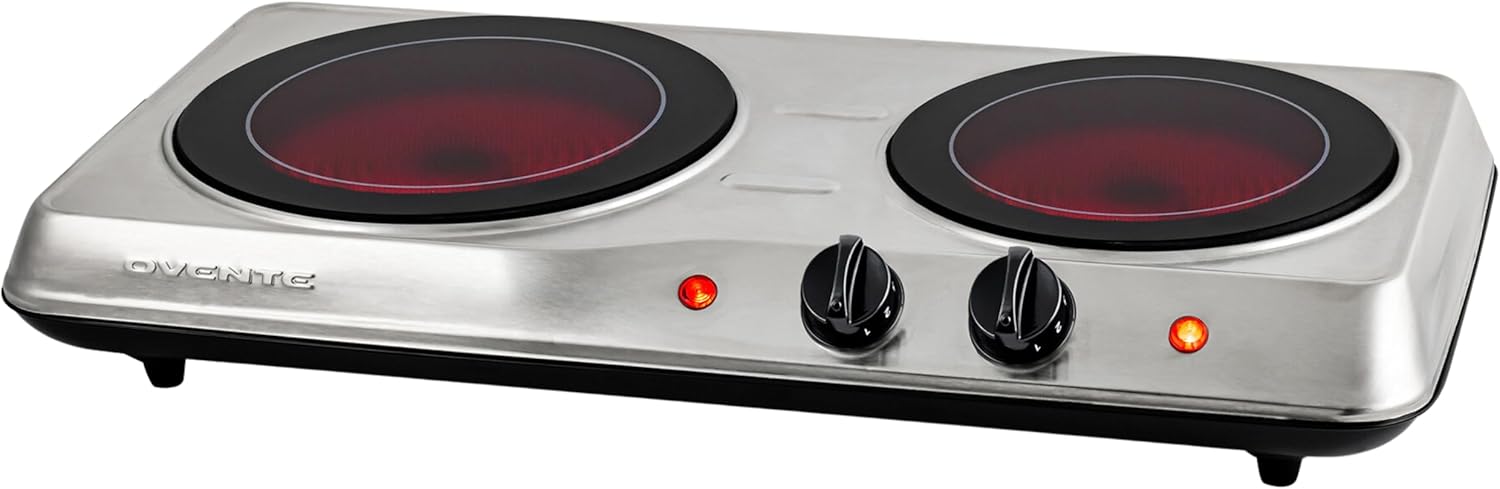 OVENTE 1700W Portable Infrared Double Burner, Ceramic Glass Countertop
