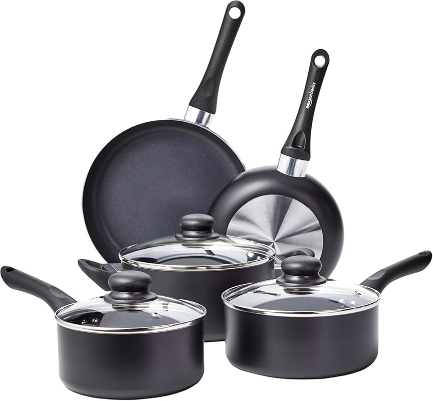 Amazon Basics 8-Piece Non-Stick Cookware Set: Durable Pots and Pans fo