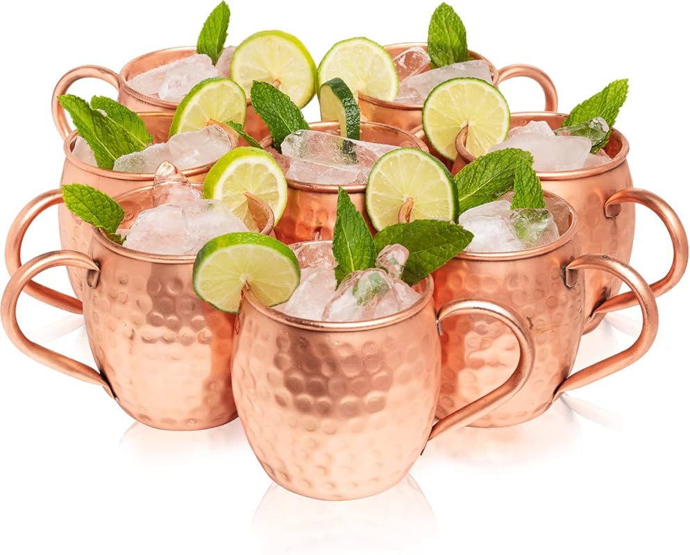 Set of 8 Pure Copper Moscow Mule Mugs, 16oz, Handcrafted with Lacquere