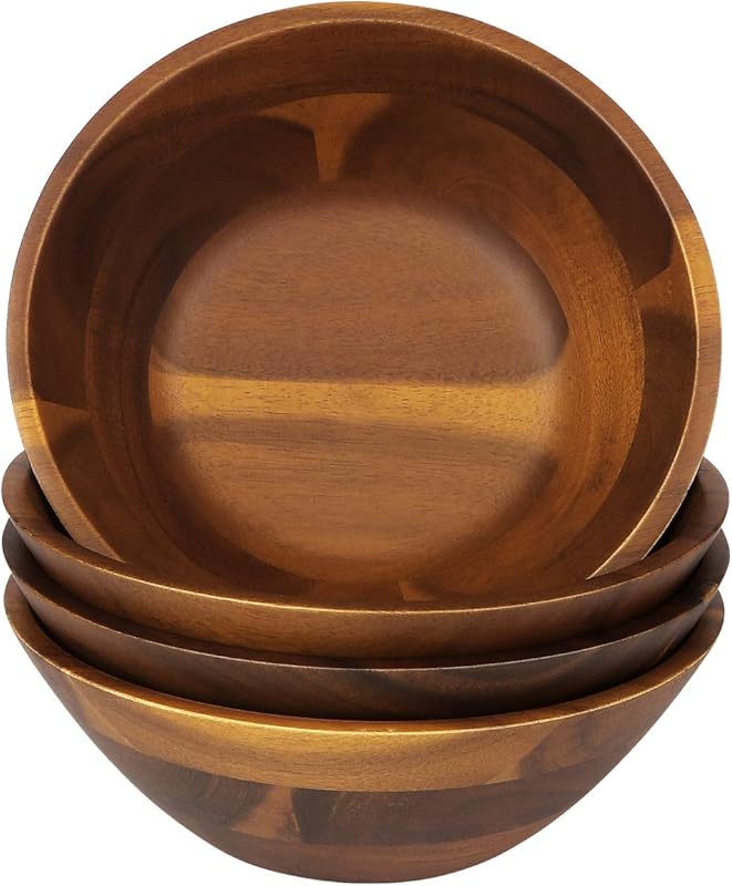 AIDEA 7 Inch Acacia Wooden Serving Bowls, Set of 4 for Salad, Soup, No