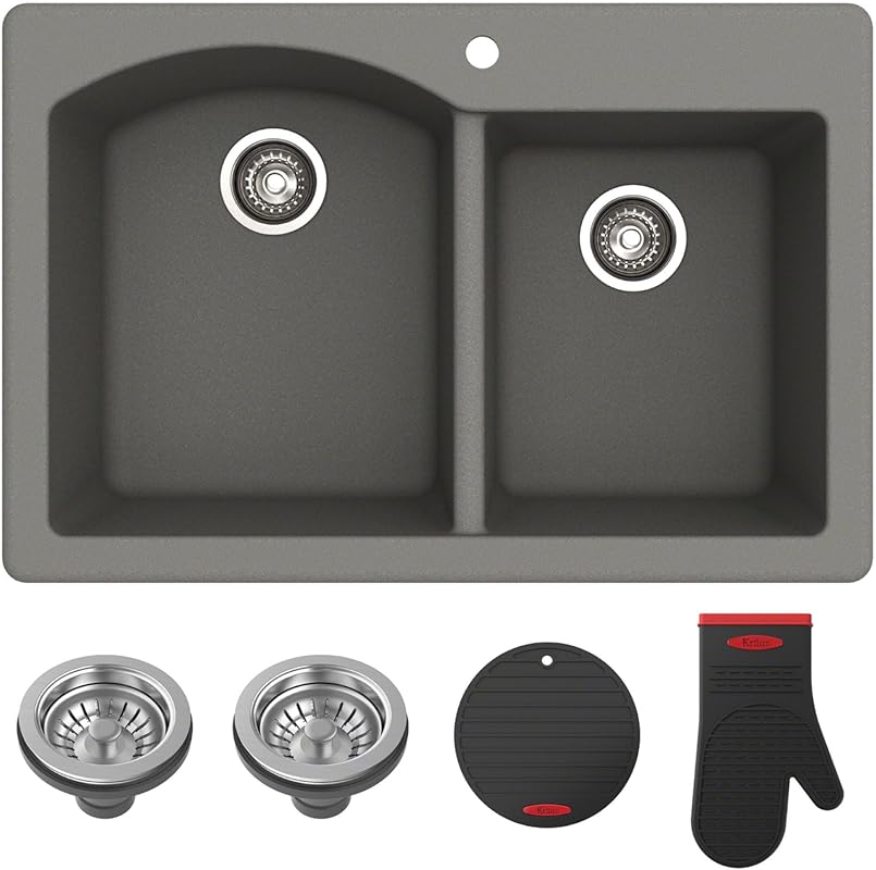 KRAUS Forteza 33-inch Grey Granite 60/40 Double Bowl Kitchen Sink, Dro