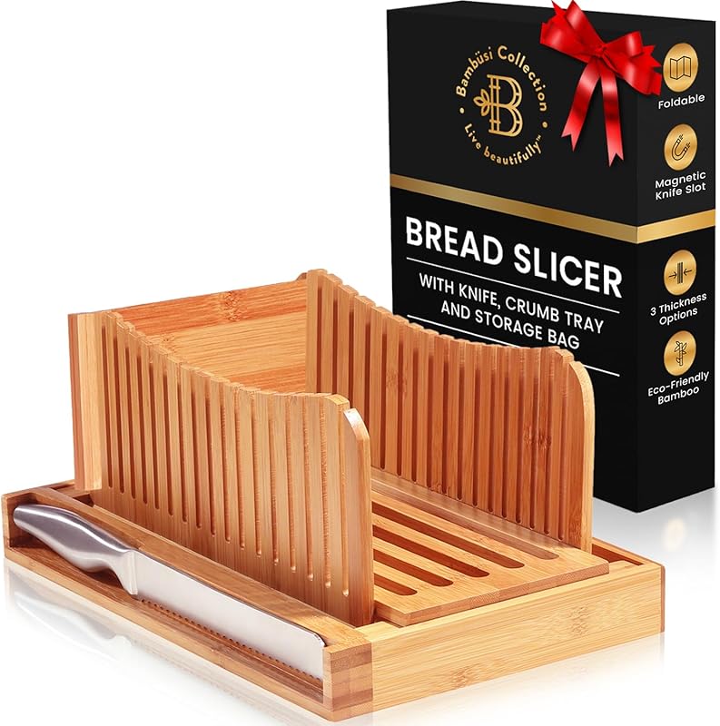 Adjustable Bamboo Bread Slicer with Knife, Foldable Guide & Crumb Tray