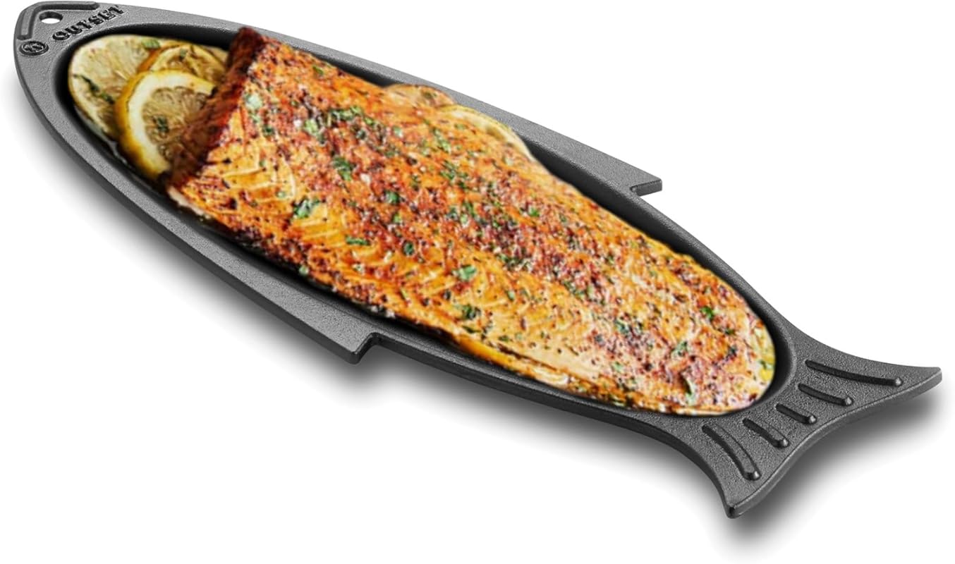 Outset 76376 Black Cast Iron Fish Grill and Serving Pan, Durable 18.9-
