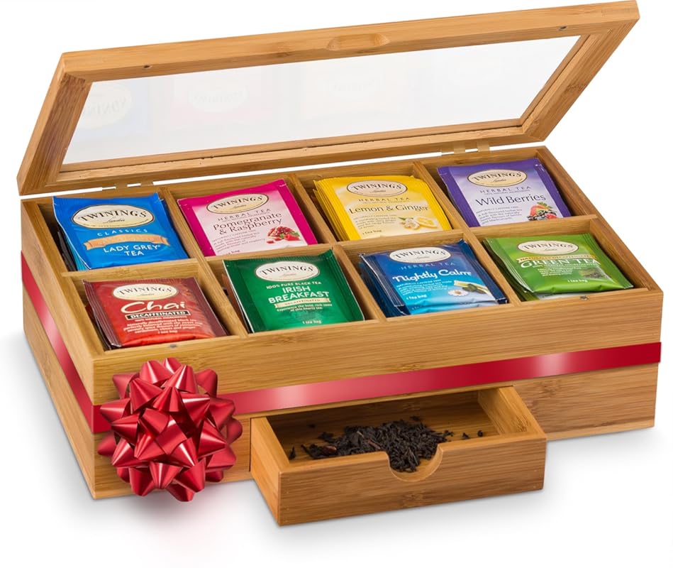 Bambüsi Bamboo Tea Box Organizer with Drawer – 8 Compartment Wooden Ch